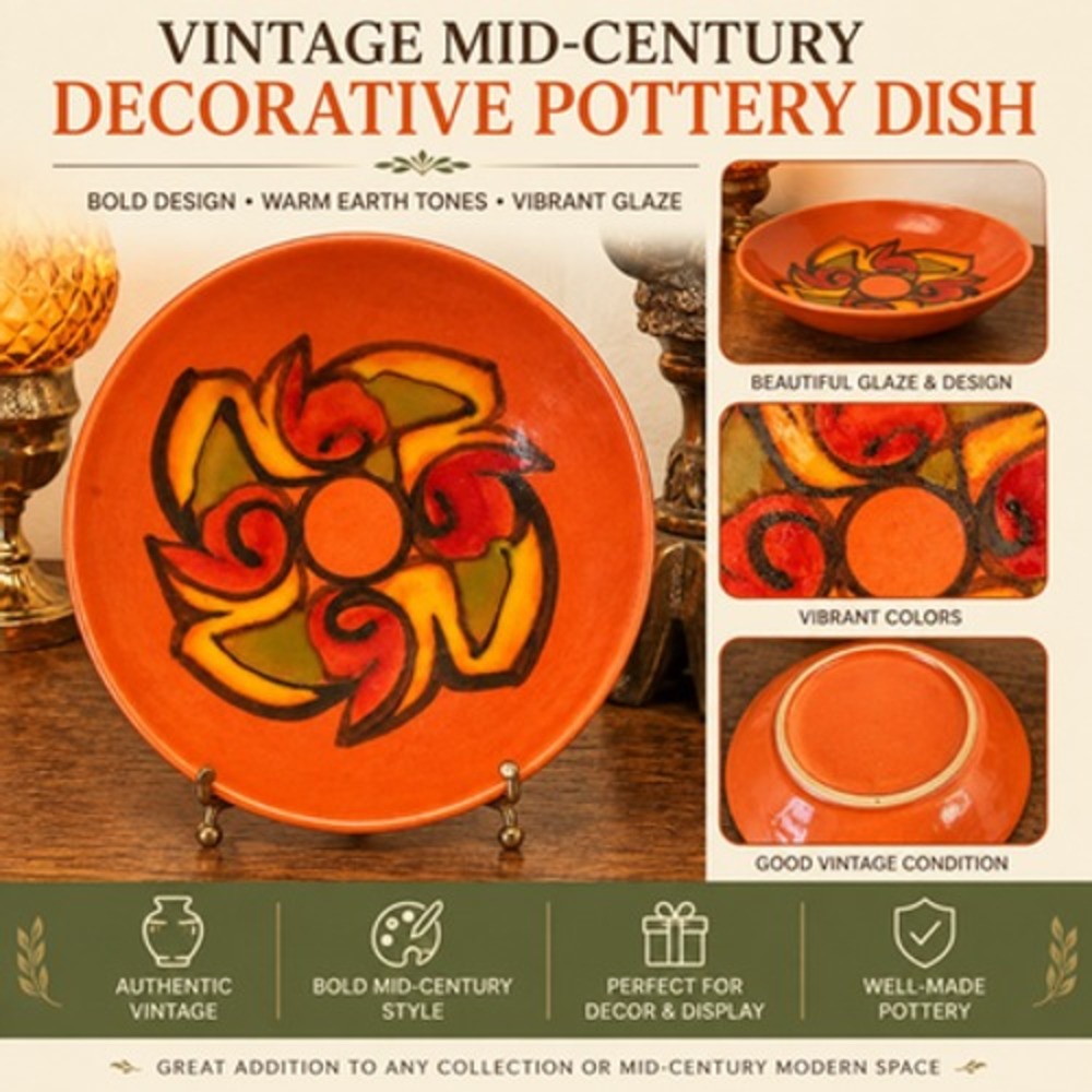 Vintage Poole Pottery England Orange Floral Collector Plate Mid Century Modern